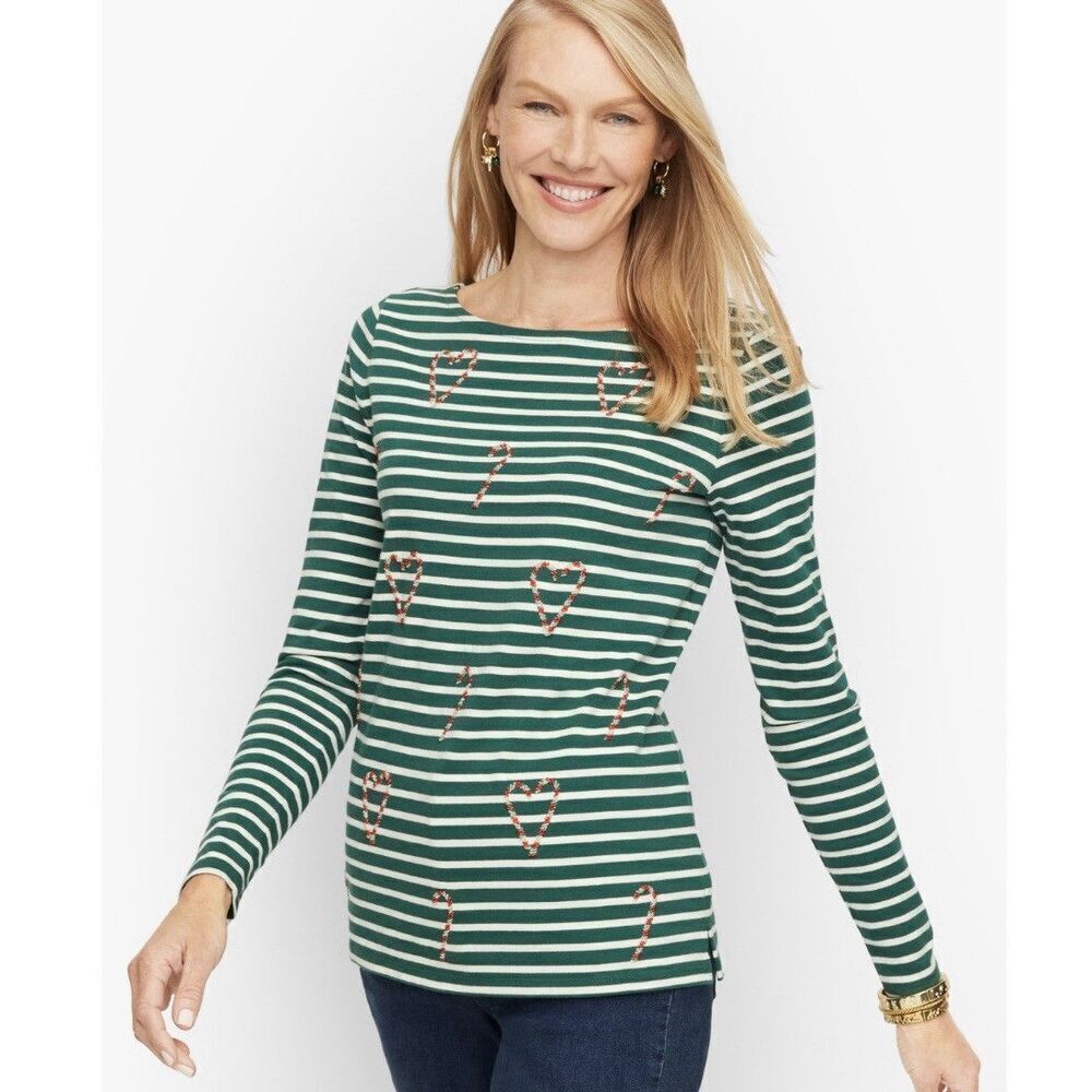 Talbots Beaded Candy Cane Striped Bateau Neck Tee Plus Size 2X Cotton Holiday